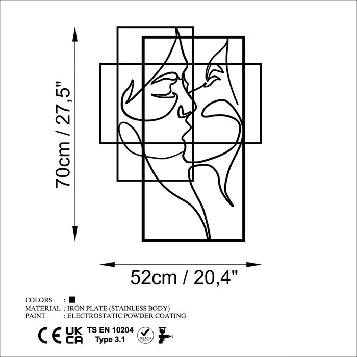 Wallity Accesorio Decorativo de Pared Metal Negro Elegante 70x52cm Obra de Arte para el Hogar